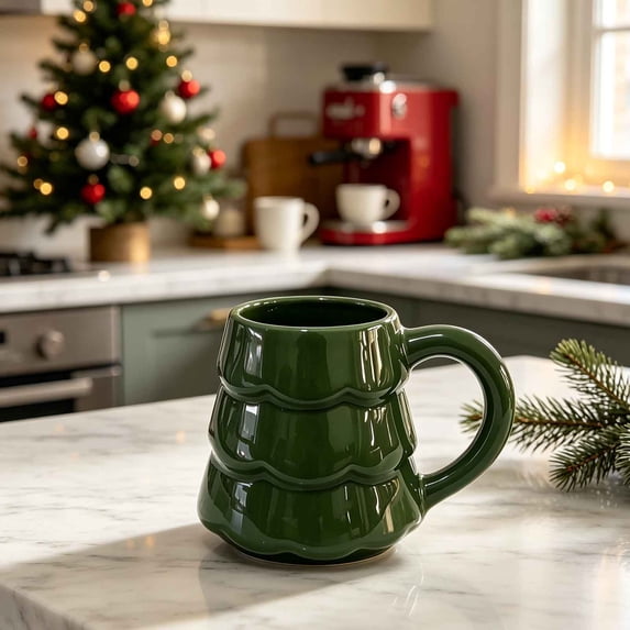 Christmas Tree Ceramic Mug, Cute Xmas Tree Shaped Coffee Cup, Holiday Drinking Mug for Hot Chocolate Tea Milk Gift for Family Home Party