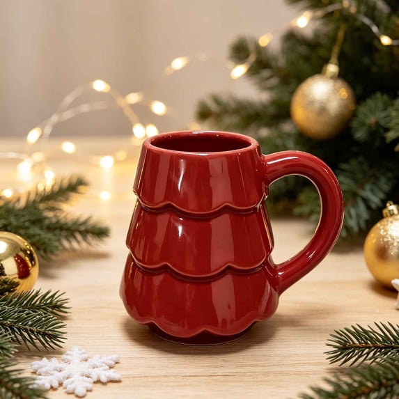 Christmas Tree Ceramic Mug, Cute Xmas Tree Shaped Coffee Cup, Holiday Drinking Mug for Hot Chocolate Tea Milk Gift for Family Home Party