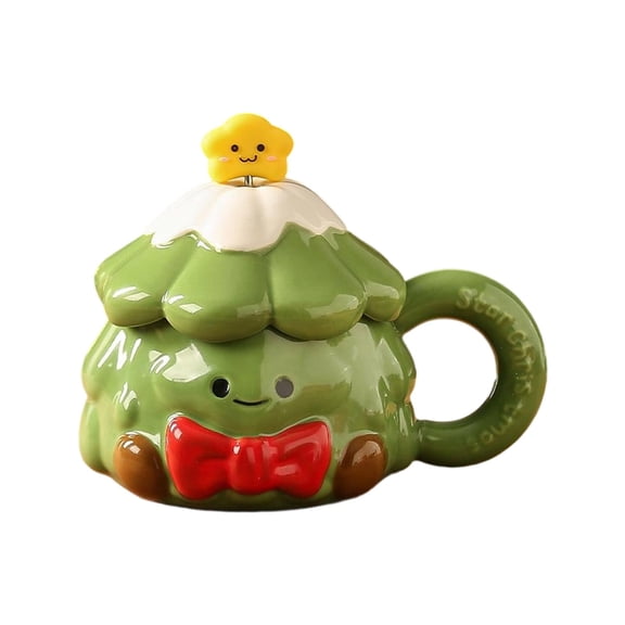Christmas Tree Ceramic Mug with Lid and Stir Stick – 420ml Large Capacity Holiday Coffee Cup – Cute Red and Green Festive Tea Mug for Home, Office, or Gift Use