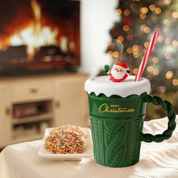 Christmas Tree Ceramic Mug With Lid And Straw, Xmas Holiday Coffee Cup, Santa Claus Reindeer Snowflake Design, Winter Wonderland Drinkware, Christmas Eve Gift For Couples, Festive Holiday Accessories