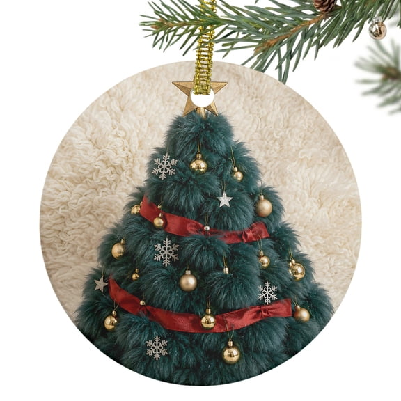 Christmas Tree Ceramic Ornament 3 Inch Plush Green Xmast Ree Star Topper Red Ribbons Bauble Round Porcelain Christmas Ornaments with Gold String for Holiday Party Xmas Tree Decor Gift for Family