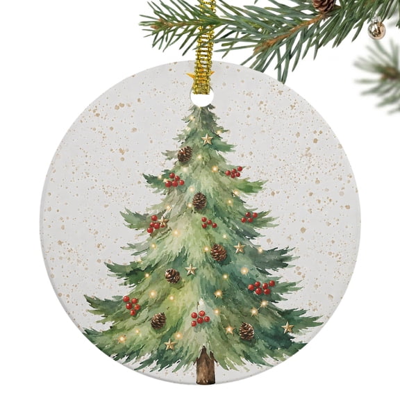 Christmas Tree Ceramic Ornament 3 Inch Star Topper Xmas Tree Gift Boxes Ornaments Rustic Round Porcelain Christmas Ornaments with Gold String for Holiday Party Xmas Tree Decor Gift for Friends Family