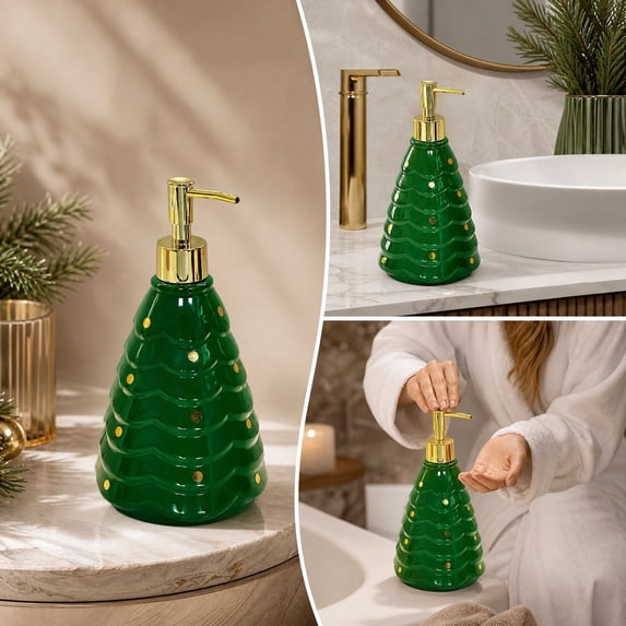 Christmas Tree Ceramic Soap Dispenser Decorative Refillable Lotion Pump Bottle with Gold Dots Xmas Countertop Liquid Container for Bathroom Kitchen Vanity Holiday Decor Gift, Green