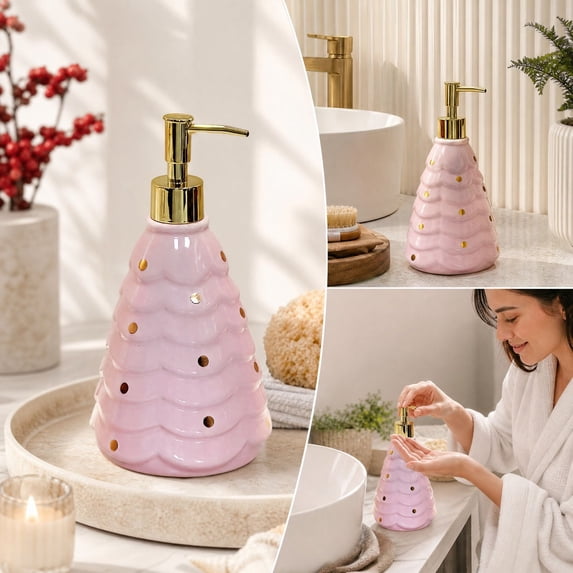 Christmas Tree Ceramic Soap Dispenser Decorative Refillable Lotion Pump Bottle with Gold Dots Xmas Countertop Liquid Container for Bathroom Kitchen Vanity Holiday Decor Gift, Pink Decor