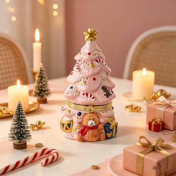 Christmas Tree Ceramic Trinket Box with Teddy Bear Hinged Mini Jewelry Keepsake Box for Ring Earring Storage Vintage Tabletop Xmas Decor Holiday Gift 3 Colors Available