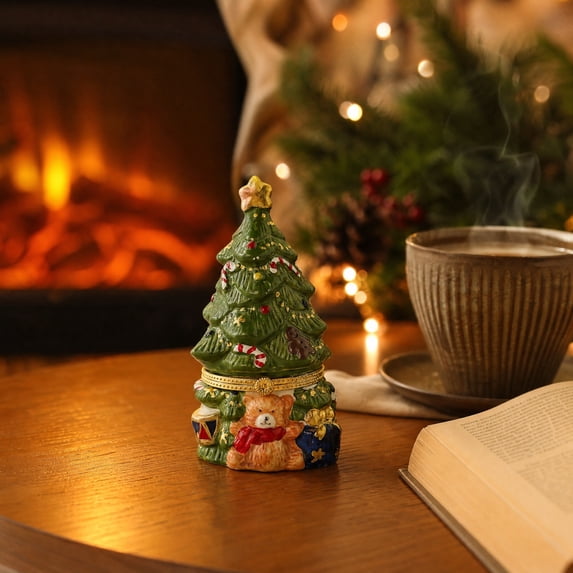 Christmas Tree Ceramic Trinket Box with Teddy Bear Hinged Mini Jewelry Keepsake Box for Ring Earring Storage Vintage Tabletop Xmas Decor Holiday Gift 3 Colors Available