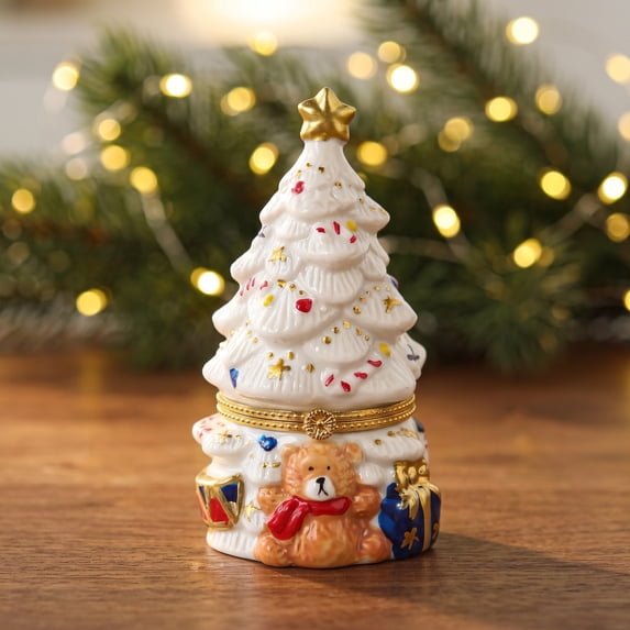 Christmas Tree Ceramic Trinket Box with Bear Decor, Small Hinged Jewelry Storage Box, Mini Keepsake for Rings, , Holiday Decor, 3 Colors