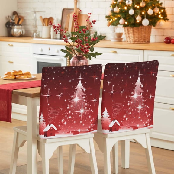 Christmas Tree Chair Back Covers Set of 4, Shining Stars Sky Red House Gradient Stretch Dining Chair Back Slipcovers Removable Seat Cover for Kitchen Restaurant Hotel Cafe