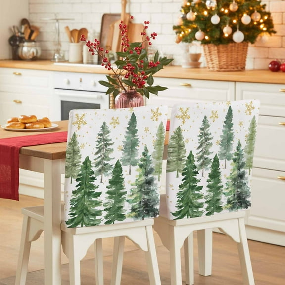 Christmas Tree Chair Covers Set of 1 Winter Xmas Green Pine Tree Forest Snowflakes Chair Back Covers Stretch Removable Washable Slipcovers Protector for Dining Room Kitchen Party Decor