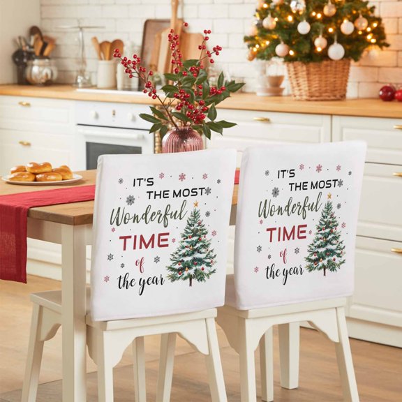 Christmas Tree Chair Covers Set of 6 It's The Most Wonderful Time of The Year Snow Chair Back Covers Stretch Removable Washable Slipcovers Protector for Dining Room Kitchen Party Decor