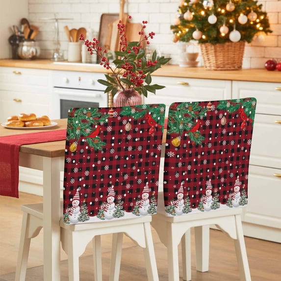 Christmas Tree Chair Covers Set of 8 Snowman Winter Snowflakes Red Black Plaid Chair Back Covers Stretch Removable Washable Slipcovers Protector for Dining Room Kitchen Party Decor