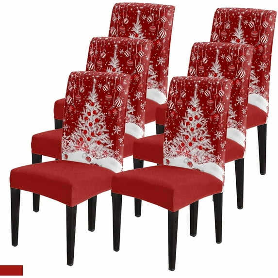 Christmas Tree Chair Covers, Snowflake Colored Balls Winter Red Stretch Parsons Chair Slipcovers Removable Kitchen Chair Protector Cover for Dining Room， Set of 6