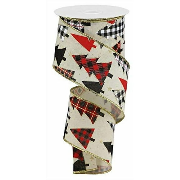 Christmas Tree Check Buffalo Plaid Canvas Wired Edge Ribbon - 10 Yards (Cream, Red, Black, Gold, White, 2.5")