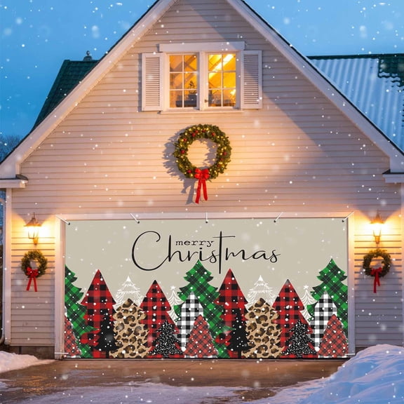Christmas Tree Christmas Garage Door Decorations, 6.9x8ft Garage Door Cover Banner with Grommets, Outdoor Garage Door Mural for Holiday Wall Decor, Red Green Buffalo Plaid Xmas Tree Snowflake