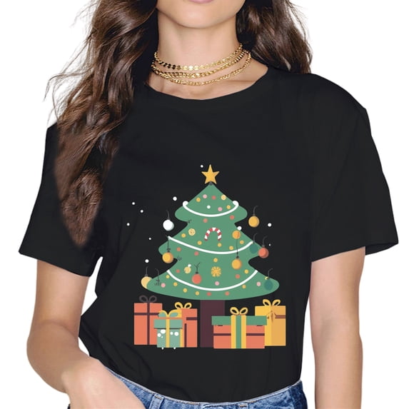Christmas Tree Christmas Gift Printed T-Shirt Short Sleeve .
