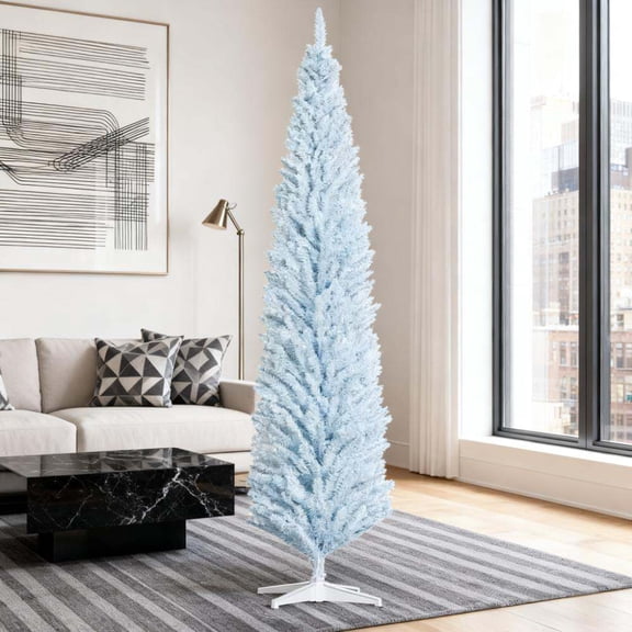 Christmas Tree Christmas Tree,8ft Pencil Artificial Christmas Tree with Realistic Branches and 618 Tips, Plastic Base,Flocked Christmas Tree