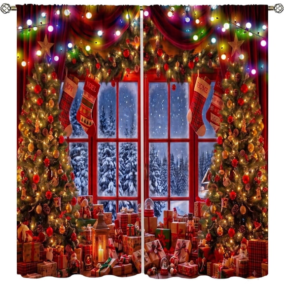 Christmas Tree Christmas Window Red Xmas Window Treatments for Kitchen Living Room Home Bedroom Winter Snow Xmas Tree Gift Family Party New Year Party Drapes, 84x84 Inch 2 Panels