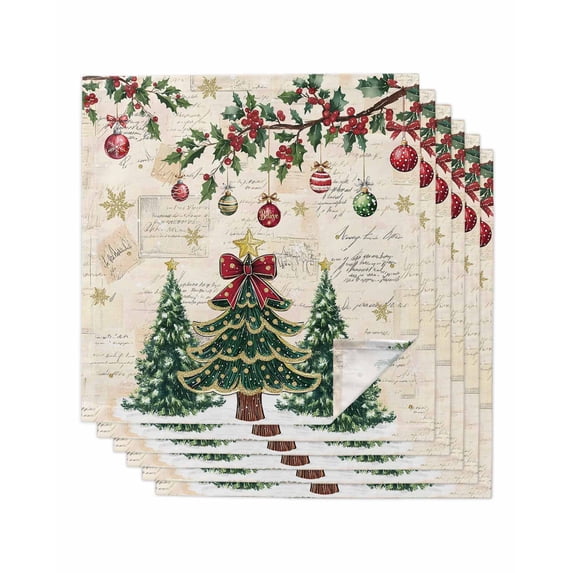 Christmas Tree Cloth Napkins Set of 6 Reusable Dinner Napkins, Farmhouse Winter Ball Berry Snowflakes Cocktail Napkin Washable Table Napkins for Wedding/Holiday Party/Baby Shower 20"x20"