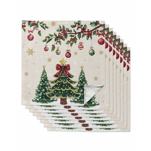 Christmas Tree Cloth Napkins Set of 8 Reusable Dinner Napkins, Country Winter Ball Berry Gold Snowflakes Cocktail Napkin Washable Table Napkins for Wedding/Holiday Party/Baby Shower 20"x20"