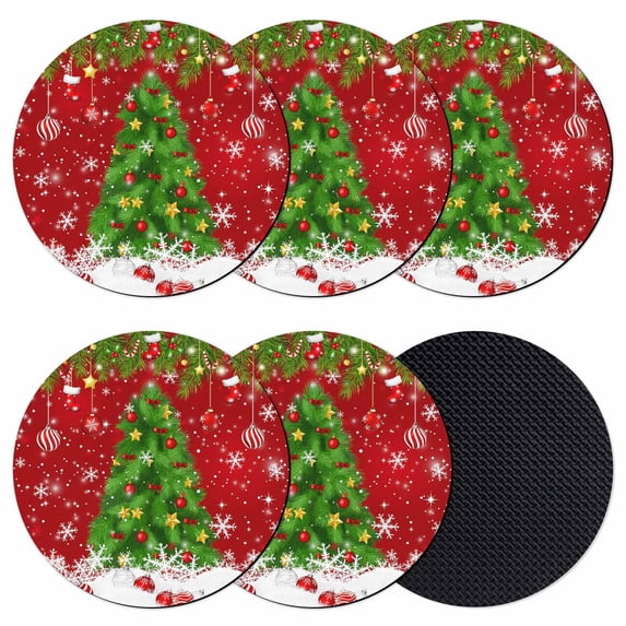 Christmas Tree Coasters Set of 6, Absorbent Coasters for Drinks, Red Winter Pine Branches Balls Snowflakes Coaster for Desk Coffee Table Protection, Home Decor House Warming Gifts 4"