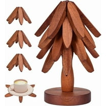 Christmas Tree Coasters - Wooden Trivets for Hot Dishes, Tree Shape Set - 5 Walnut Wood Trivets   1 Stand (8.8 Inches)