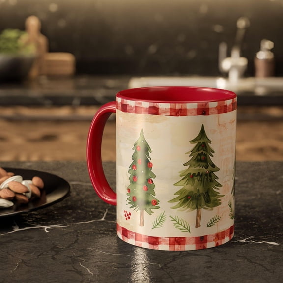 Christmas Tree Coffee Mug Festive Watercolor Pine Trees with Red Plaid Border 11oz Holiday Ceramic Tea Cup Seasonal Kitchen Decor & Gift for Coffee Lovers