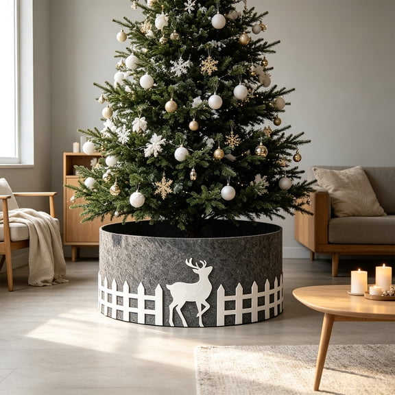 Christmas Tree Collar 22.83in, Cloth Round Tree Skirt with Deer & Fence Pattern, Standup Tree Base Cover for Real & Artificial Xmas Tree, Holiday Home Decor