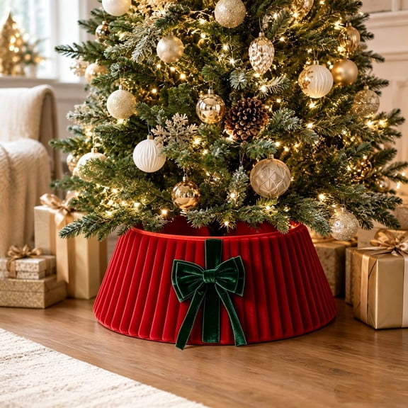 Christmas Tree Collar,23.62" Velvet Christmas Tree Ring Xmas Trees Skirt with Bow for Artificial Trees Base Stand Cover Xmas Trees Decorations(Red)