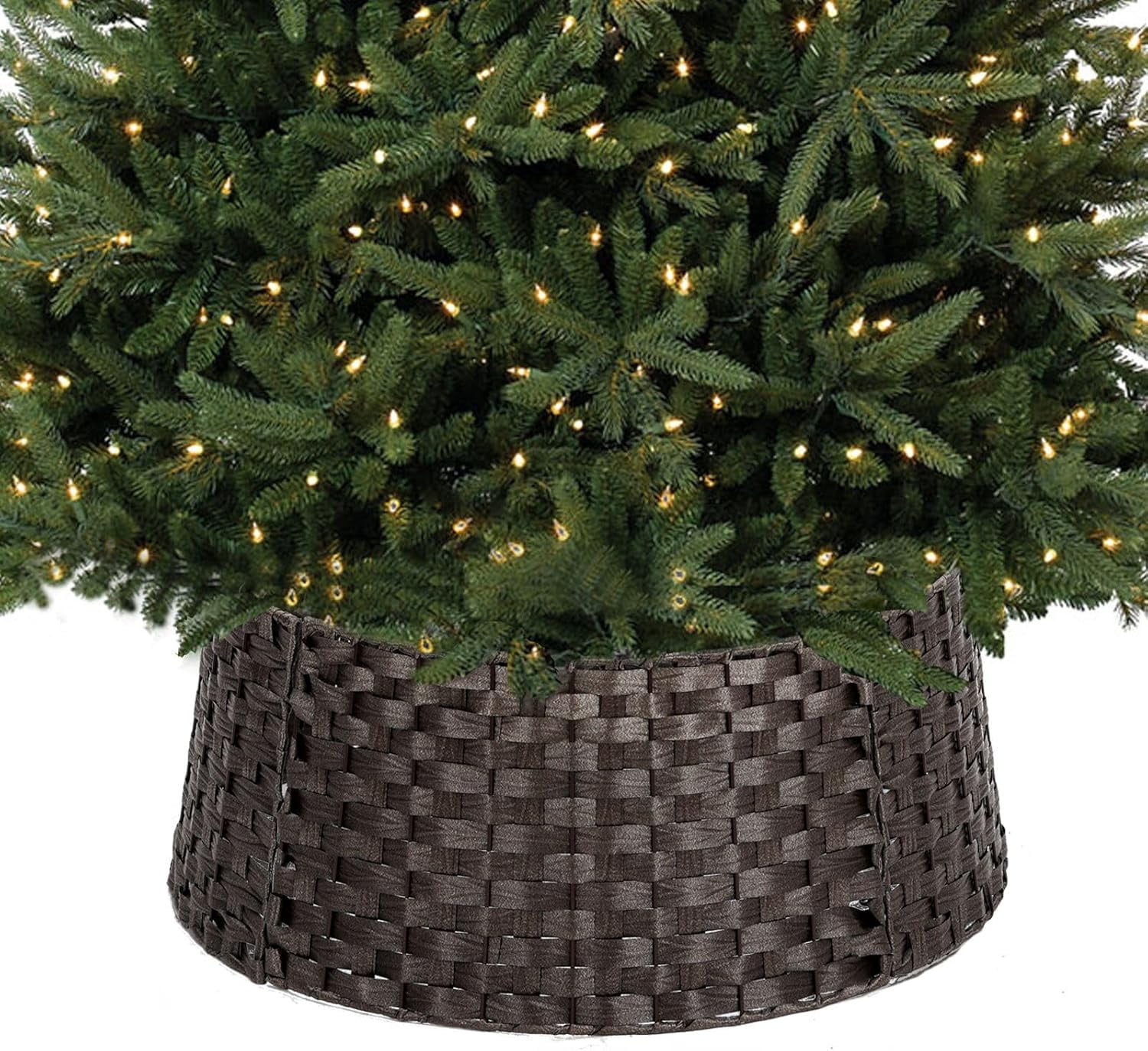 23in White Rattan Christmas Tree Collar - Handwoven Square Wicker Tree Base Cover For Pencil Trees, Rustic Farmhouse Decor