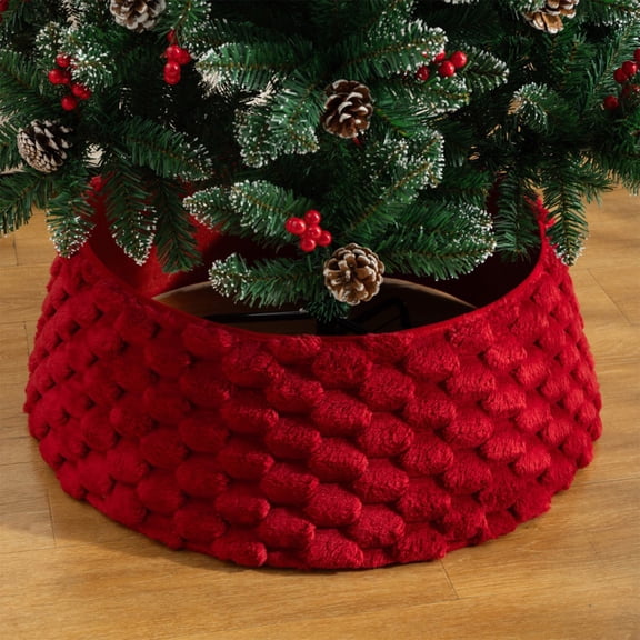 Christmas Tree Collar,24 Inch Boho Plush Faux Fur White Tree Skirt with Magic Tape,Foldable Round Xmas Stand Base Cover,Perfect for Home Holiday Decor,Living Room,and Festive Tree Display