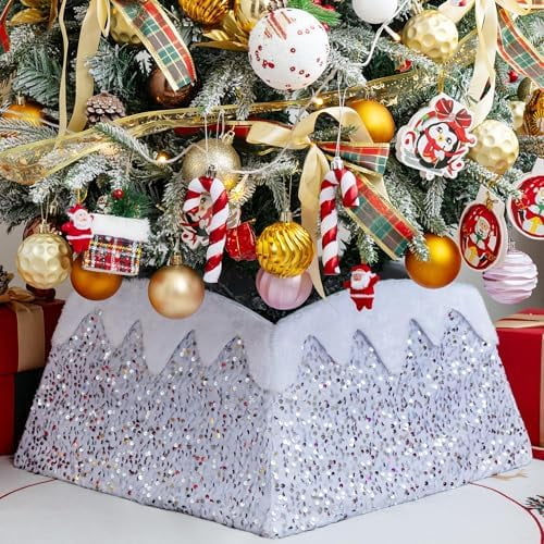 Christmas Tree Collar 24 inch Sequin Tree Skirt, Xmas Tree Square Stand Base Cover for Christmas Artificial Tree Holiday Home Decor, Snow Mountain, Silver