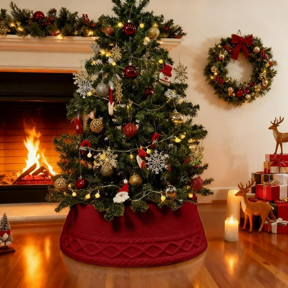Christmas Tree Collar 28 Inch – Red Knitted Christmas Tree Collar with Braided Trim, Festive Tree Skirt Alternative Base Cover to Hide Stands & Cords