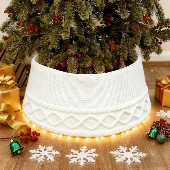 Christmas Tree Collar 28 Inch – White Knitted Christmas Tree Collar with Braided Trim, Festive Tree Skirt Alternative Base Cover to Hide Stands & Cords