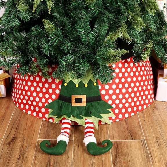 Christmas Tree Collar 30 Inch 3D Elf Feet Non-woven Polka Dots Red Christmas Tree Skirt Xmas Tree Ring Foldable Stand Base Cover