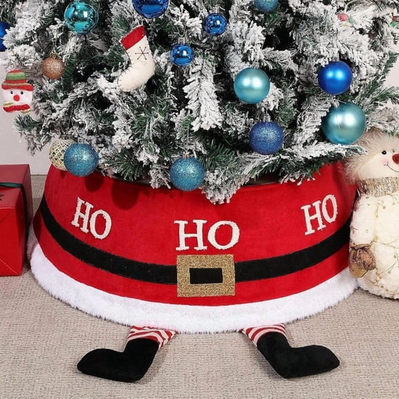 Christmas Tree Collar 30 Inch 3D Santa Claus Feet Sequins Large Cute Faux Fur Red Christmas Tree Skirt Decorative Xmas Tree Ring Foldable Stand Base Cover For Christmas Hoilday Party Home