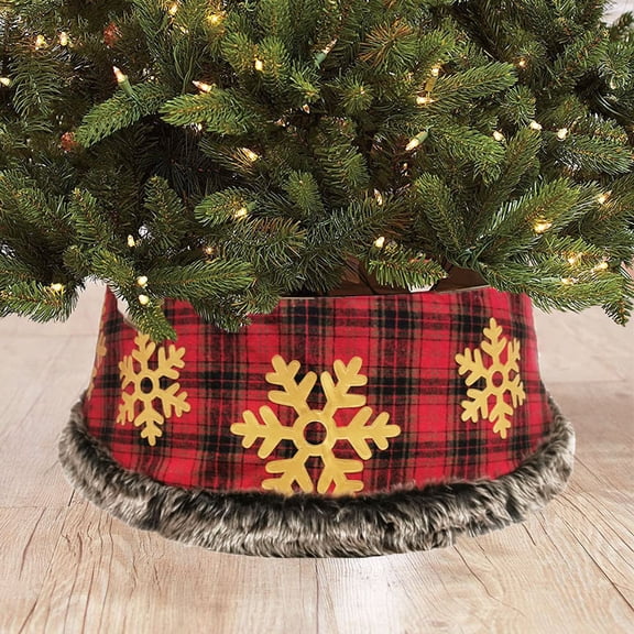Christmas Tree Collar 30 Inch, Buffalo Plaid Snowflake Xmas Tree Skirt Red Black Classic Burlap with Tree Ring Gift Box Country Rustic Holiday Indoor Home Decorations