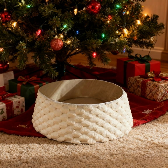Christmas Tree Collar, Adjusted Christmas Tree Base Cover for Artificial Trees, Knit Cream White Rustic Farmhouse Xmas Tree Ring Skirt for 6ft 6.5ft Tree