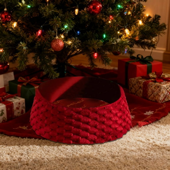 Christmas Tree Collar, Adjusted Christmas Tree Base Cover for Artificial Trees, Knit Red Rustic Farmhouse Xmas Tree Ring Skirt for 6ft 6.5ft Tree