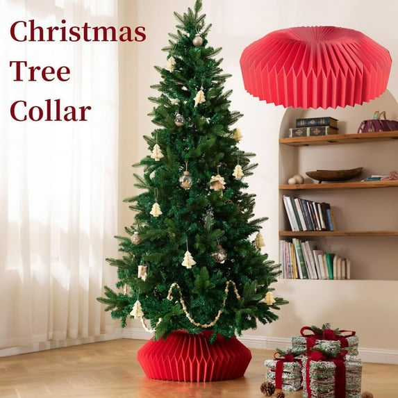 Christmas Tree Collar Foldable Paper Tree Collar with Magnetic Closure Elegant Base Cover for 6ft 7.5ft 9ft Artificial Christmas Trees Collar