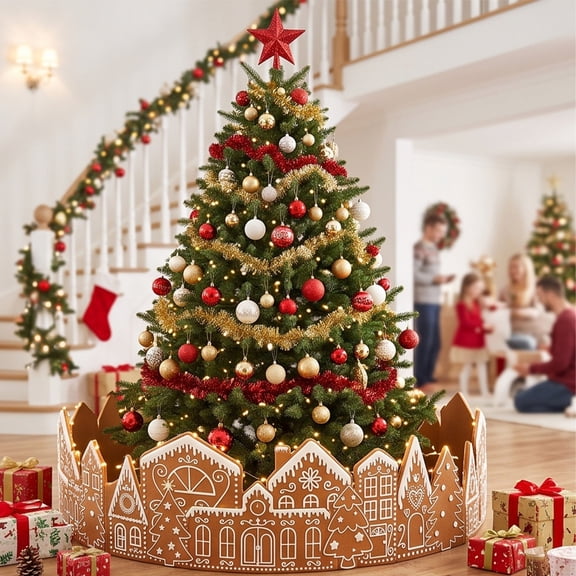 Christmas Tree Collar, Gingerbread House Ring Skirt Base Cover for Holiday Party, Gingerbread Village Design Wraps Tree Base, Conceals Stand, Home Decor Accent