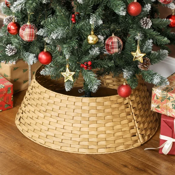 Christmas Tree Collar, Natural PE Metal, Round, Christmas, Off-White, 26.8 in, for Trees 82.7-106.3 in Tall, 1-Count