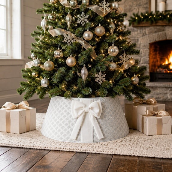 Christmas Tree Collar, Plaid Tree Bottom Ring Cover with Large Bow ...