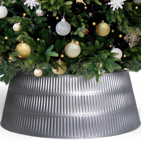 Christmas Tree Collar - Rome Design Skirt, Lightweight, Sustainable - 9 Panels, Easy Setup & Storage - Tree from Pets - Fits Trees Up to 8 Feet Tall (Silver, 9 Panels)