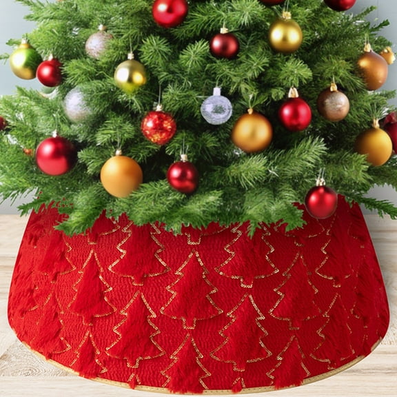 Christmas Tree Collar,Tree Collar,Plush Faux Fur Tree Collar with Pine Tree Textured Pattern,Soft Fluffy Xmas Tree Ring Boho Tree Skirt for Holiday Decorations Indoor Home Decor(Red,28.3inch)