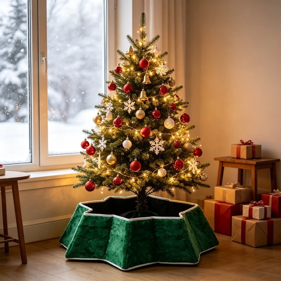 Christmas Tree Collar, Velvet Foldable Tree Skirt, Easy Setup Stand Base Cover for Artificial Trees, Holiday Home Decoration for Winter Farmhouse and Christmas Party