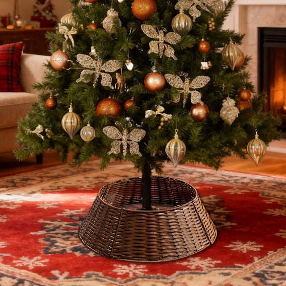 Christmas Tree Collar Woven Tree Collar Artificial Rattan Tree Base Ring Cover Woven Plastic Tree Collar Tree Trunk Cover Tree Skirt For 4Ft Tree Thanksgiving Tree Decor Classic Christmas Decor193