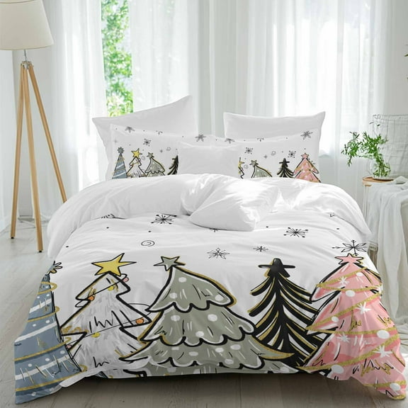 Christmas Tree Comforter Set California King Size, Winter Mxmas Snowflake Soft Bedding Set for Man Woman, 4 Pieces Duvet Cover Set with Fitted Sheet, 2 Pillowcases