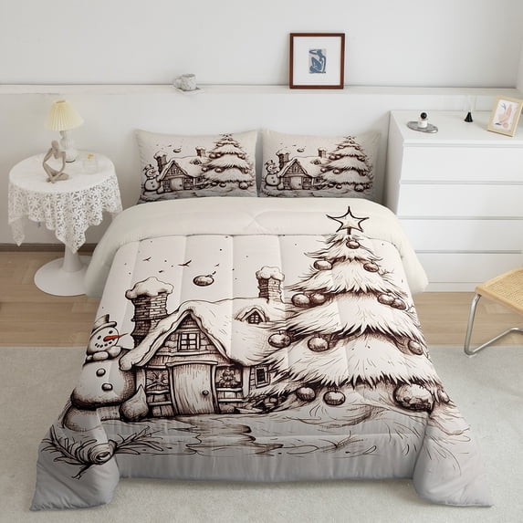 Christmas Tree Comforter Set King, Hand Drawn Snowman Bedding Adults, Christmas House Winter Illustration Bedding Comforter Sets, Grey Ball Bedroom Decor Down Comforter