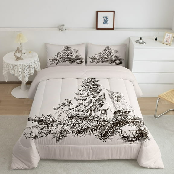 Christmas Tree Comforter Set King, Hand Drawn Snowman Bedding Adults, Christmas House Winter Illustration Bedding Comforter Sets, Grey Ball Bedroom Decor Down Comforter