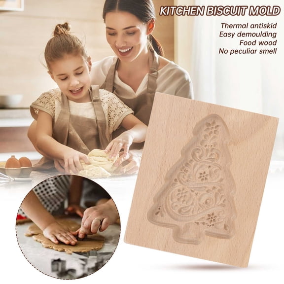 Christmas Tree Cookie Mold, 3D Embossed Baking Tool, Food Safe Beech Wood, Non-Stick Easy Release, Smooth Edges Kid-Safe, for Christmas Halloween Thanksgiving Cookies Cakes Mooncakes DIY Baking